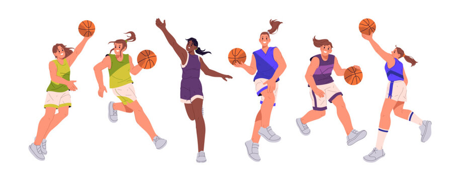 Basketball players taking jump shot toward basket. Vector isolated female basketballers in dynamic movement. Teamwork and competition spirit. Sports events and activities, hobby and leisure