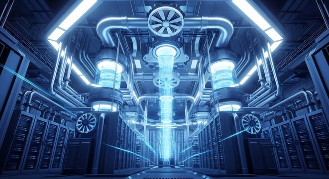 Futuristic data center with glowing blue energy streams and server racks representing advanced technology and digital innovation