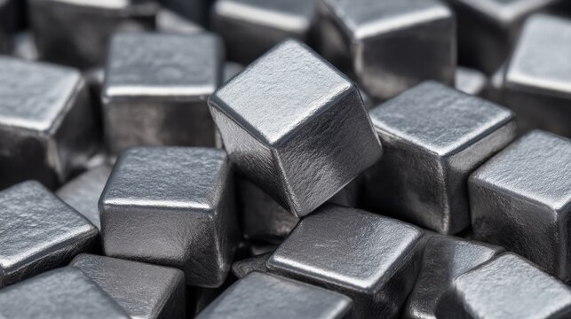 Sleek Ebony Cubes of Platinum Metal with Reflective Surfaces, Perfect for Modern Design and Artistic Projects