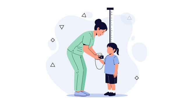 Pediatrician measuring child's height with stadiometer in clinic, healthcare concept