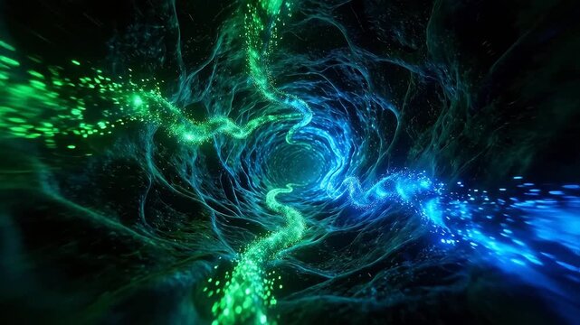 Abstract sci-fi time tunnel with green and blue light vortex