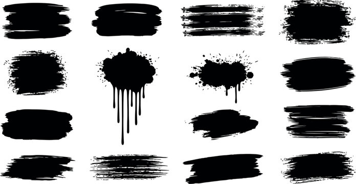 Collection of abstract black brush strokes and splatter textures for graphic design elements