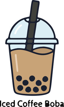 Iced Coffee Boba Tea Illustration with Tapioca Pearls and Straw