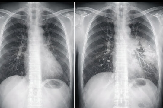 Photorealistic radiology-style chest X-ray (no text): focal lobar consolidation in the right middle/lower lobe with visible branching air bronchograms coursing through the opacity