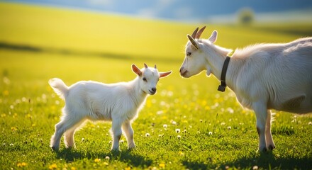 Obraz premium Gentle white mother goat attentively watching over her adorable baby kid in a vibrant sunlit spring pasture