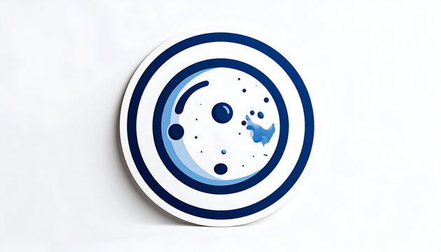 A circular graphic depicts a stylized solar system with a central star surrounded by planets and orbiting elements, presented on a white surface.