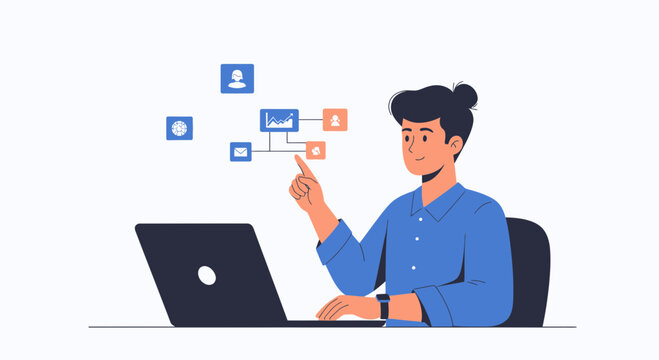 Man Interacting with Digital Interface, Data Analysis and Workflow Management