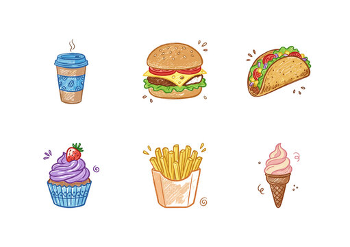 Fast Food and Takeaway Menu Items with Crayon Crayon Pencil Texture and Fluid Colorful Textures