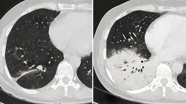 Photorealistic radiology-style chest X-ray (no text): focal lobar consolidation in the right middle/lower lobe with visible branching air bronchograms coursing through the opacity