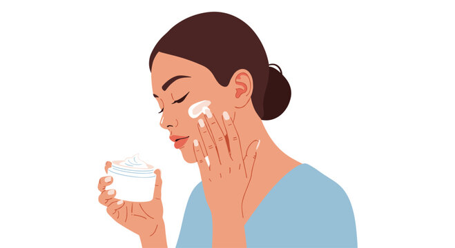 A woman shown in profile view carefully applies a dab of white moisturizing cream from a small jar to her face against a pristine clean white background.
