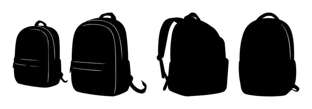 Student backpack silhouette set with solid black outline against white background featuring backpack, luggage, travel scenery with student life and education