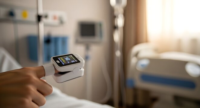 Closeup of a pulse oximeter on a patients finger in a hospital setting