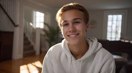 Obraz premium Young man smiling warmly in a brightly lit modern living room bathed in natural daylight