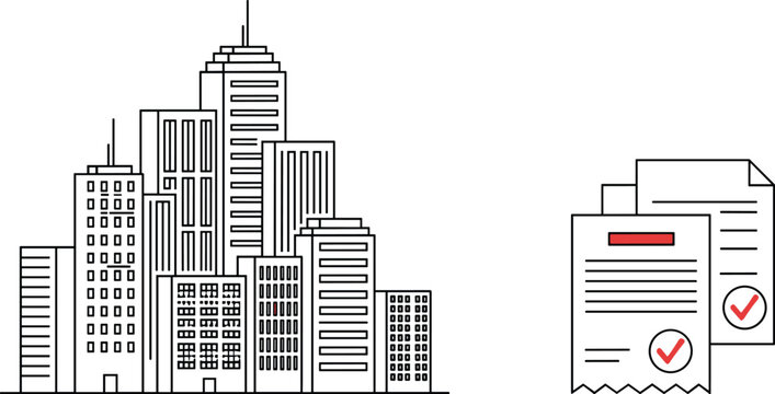 Vector illustration of urban city skyline with tall buildings and administrative documents featuring red headers and check marks.