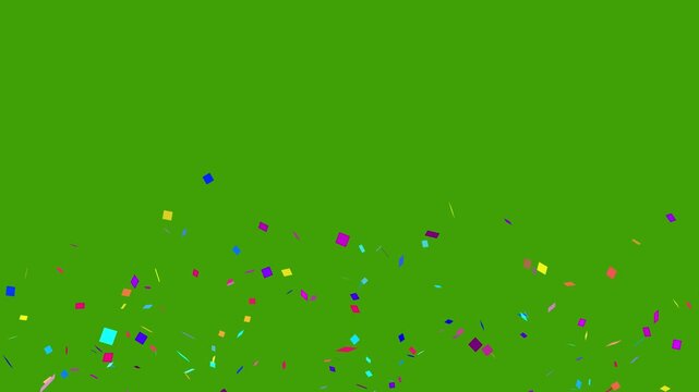 Slow motion green screen animation of multi-colored confetti exploding upward from the bottom