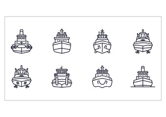 Fototapeta premium Tugboat and Harbor Support Vessel Line Icon Set