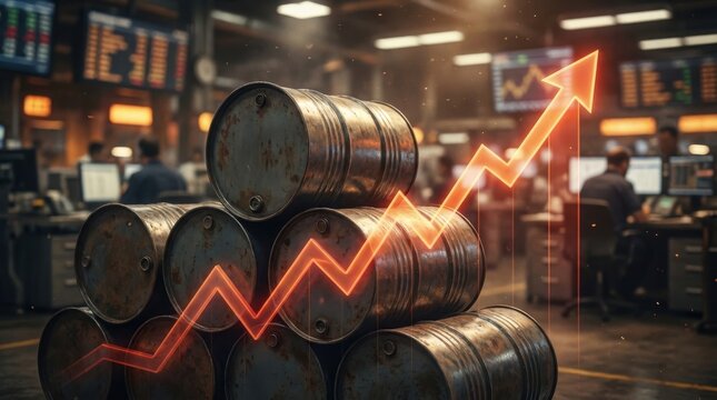 Oil Market Surge: Oil barrels stacked with price surge graph overlay in commodity market
