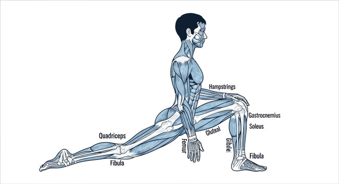 Anatomical illustration of human musculature in a stretching pose
