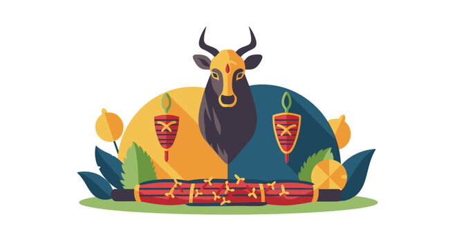 Naga Tribal Mithun Bull Illustration with Traditional Artifacts and Cultural Symbols
