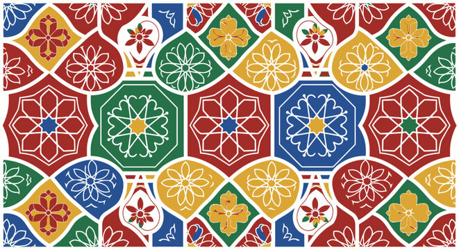 Traditional Moroccan Islamic Tile Pattern Background with Vibrant Geometric and Floral Mosaic Designs
