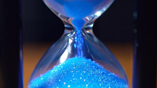 Close up of blue sand flowing through an hourglass, symbolizing time passing.