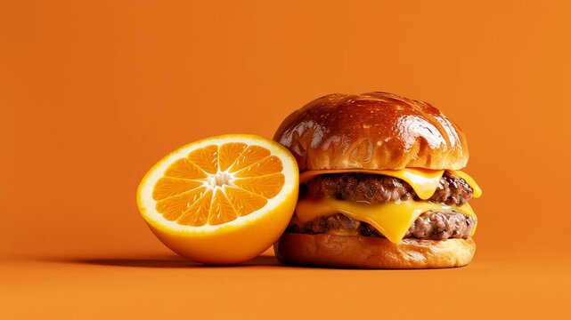Juicy cheeseburger with melted cheddar cheese stacked on a toasted brioche bun alongside a fresh orange half on a vibrant orange background