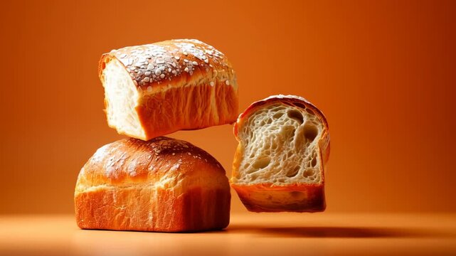 Three loaves of freshly baked bread floating against an orange background, showcasing different angles and textures of the bread's crust and soft interior