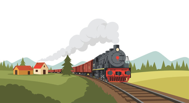 A vintage black steam locomotive pulls a long line of red freight cars across a lush green landscape featuring small houses and majestic blue mountains.