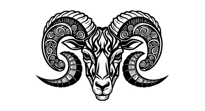 Ram Zodiac Sign Aries Tribal Tattoo Art - Stylized Head with Ornate Horns