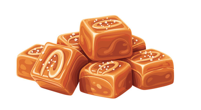 A delicious heap of square golden-brown salted caramel candies features glossy surfaces sprinkled with coarse white sea salt crystals against a white background.