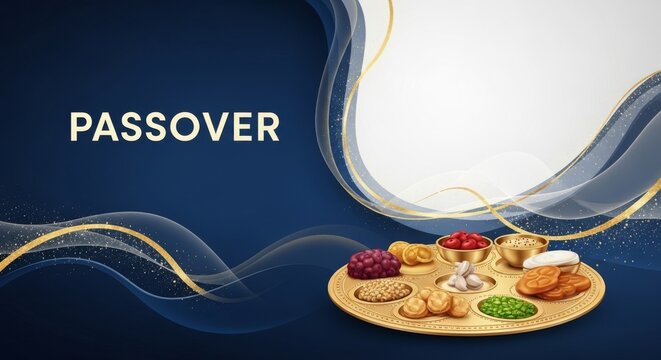 A festive Seder plate with symbolic foods set against a dark blue, elegantly decorated background, celebrating the Passover holiday.