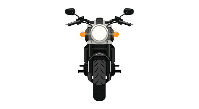 A powerful black cruiser motorcycle is presented in a symmetrical frontal composition featuring a luminous round headlight and vibrant orange signal lamps.