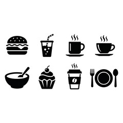 Fototapeta premium Minimalist Food and Beverage Line Icon Set. Clean black vector symbols for restaurant menus, cafes, and web UI. Includes burger, coffee, tea, and cupcake icons on transparent background