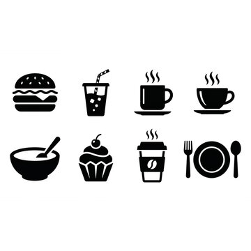 Minimalist Food and Beverage Line Icon Set. Clean black vector symbols for restaurant menus, cafes, and web UI. Includes burger, coffee, tea, and cupcake icons on transparent background
