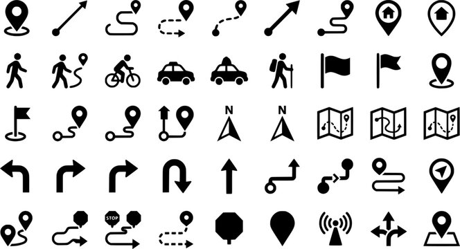 Navigation Icon Set. Outline icon set of navigation trajectories: GPS route, walking trail, cycling path, vehicle route, marine
