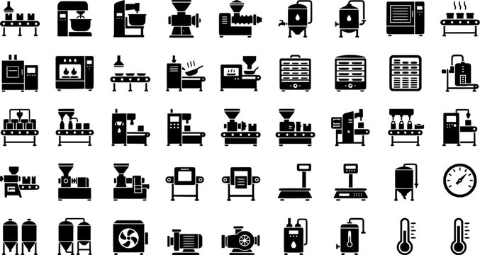 HDPE Equipment Icons. Outline icon set of HDPE processing equipment: extruder, injection mold, conveyor belt, cooling tank,

