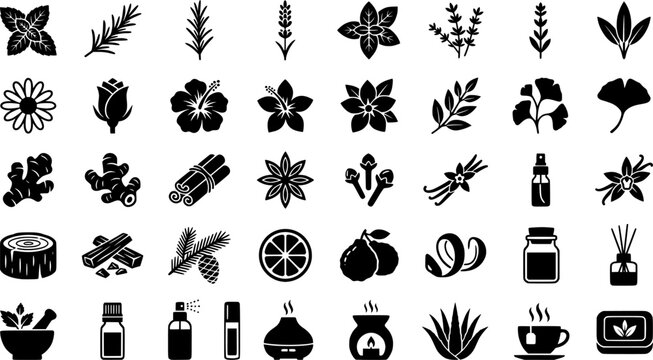 Calming Scents Icons. Outline icon set of calming bedtime scents: lavender, chamomile, sandalwood, eucalyptus,
