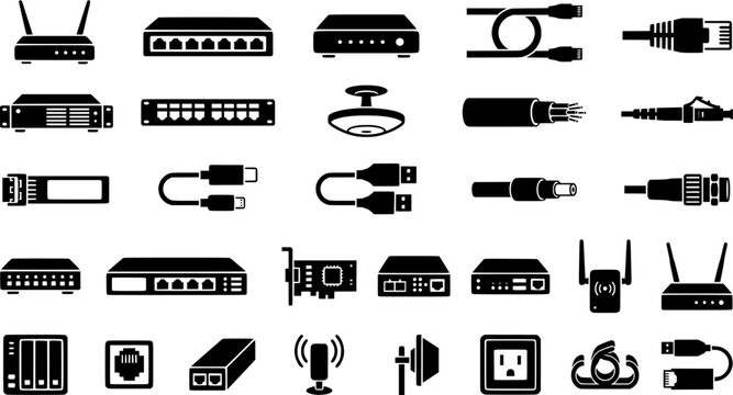 Network Cable Icons. Outline icon set of network and data cables: Ethernet cord, router, switch, modem, fiber
