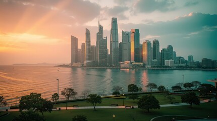 Naklejka premium Sunset over a modern city skyline with high-rise buildings reflecting on the water beside a green park.