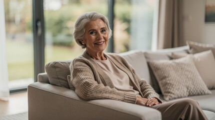 Obraz premium An elderly woman with gray hair sits comfortably on a sofa, smiling warmly in a cozy living room with soft natural lighting.