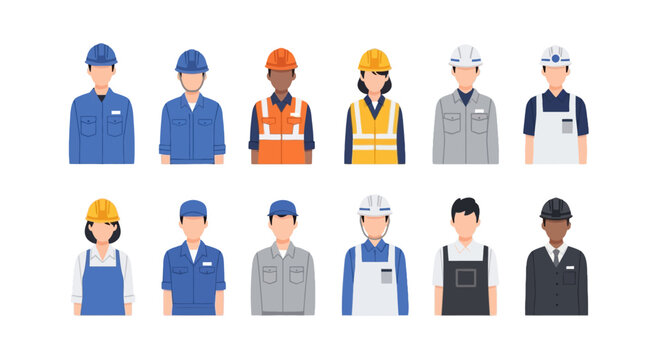 Industrial worker avatar collection, diverse construction employee characters in safety gear, set of 12 professional technician and engineer icons