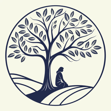 Silhouette of person underneath tree in circular emblem with tree trunk
