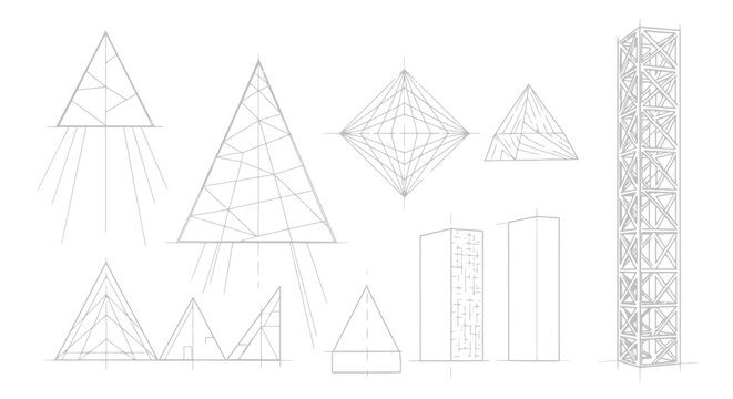 Architectural blueprint sketches of geometric structures, technical wireframe drawings of towers and pyramids, minimalist construction design elements