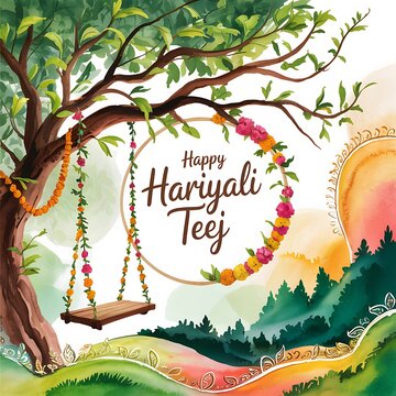 Happy hariyali teej celebration with tree and swing isolated on white background