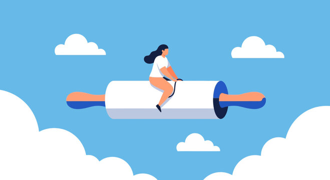 Woman flying on a giant rolling pin through the clouds