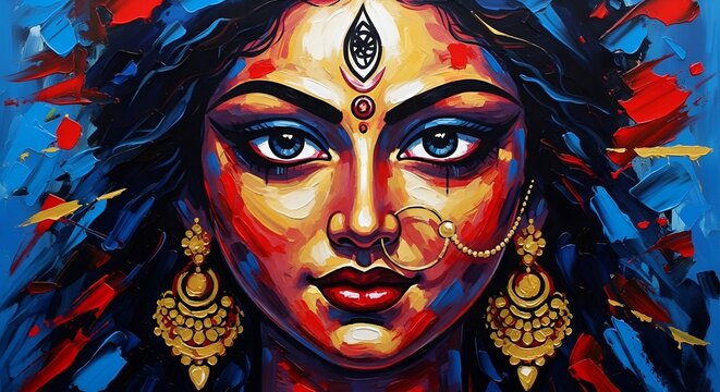 Vibrant painting of a woman with colorful abstract background and gold jewelry