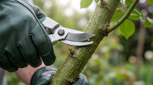 Gardener pruning rose bush with secateurs in garden