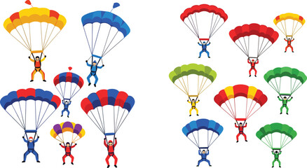 Colorful Paragliding and Skydiving Vector Illustration Set Featuring People Gliding with Parachutes for Extreme Sports Adventure Travel and Outdoor Leisure Activity Designs © Mostrenu