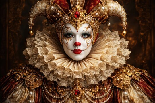 Opulent jester costume with pearls.