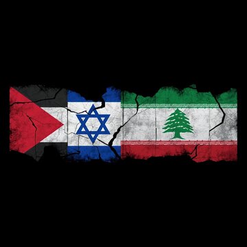 A distressed illustration of the Palestinian, Israeli, and Lebanese flags side by side on a black background